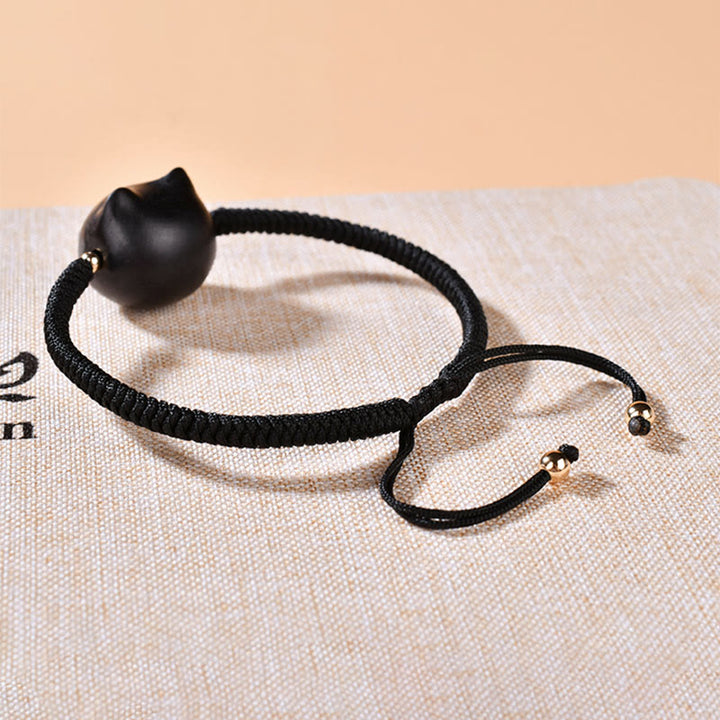 Buddha Stones Ebony Wood Cat Head Pattern Peace King Kong Knot Braided Bracelet - image 17