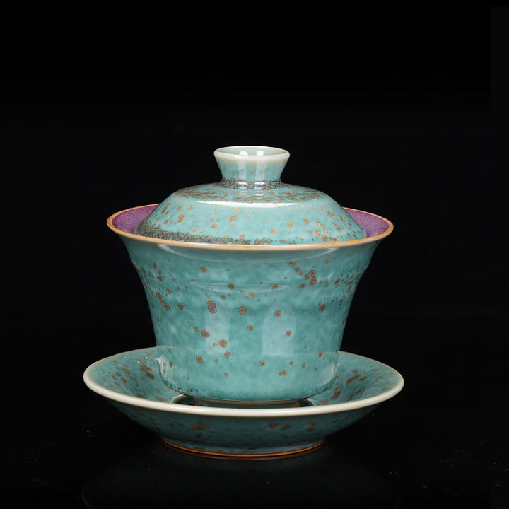 Buddha Stones Retro Glaze Kiln Change Ceramic Gaiwan Sancai Teacup Kung Fu Tea Cup And Saucer With Lid - Green STYLE (COLOR & GLAZE MAY VARY) - 9.8cm*9cm*150ml - image 18