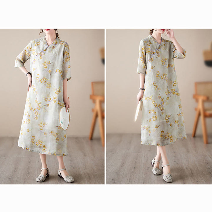 Buddha Stones Yellow Flowers Print Cheongsam Midi Dress Cotton Linen Half Sleeve Dress With Pockets