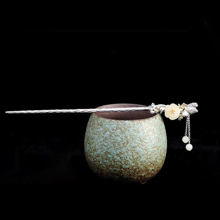 925 Sterling Silver Hetian White Jade Flower Blessing Hairpin - image 7