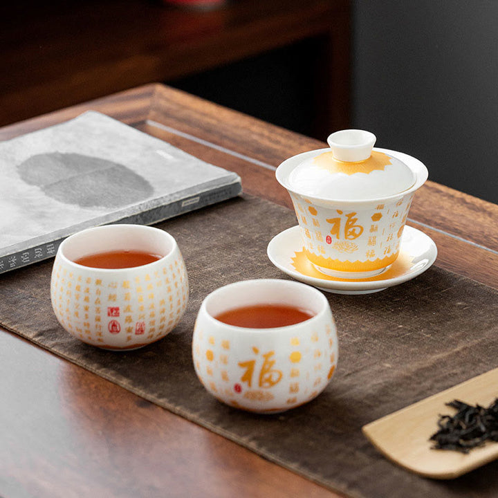 Buddha Stones Buddhist Heart Sutra Small Fu Character Ceramic Gaiwan Teacup Kung Fu Tea Cup And Saucer With Lid