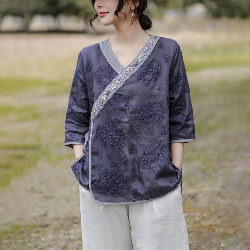 Buddha Stones Flower Embroidery Ramie Three Quarter Sleeve Tee Lace-up V-Neck T-shirt