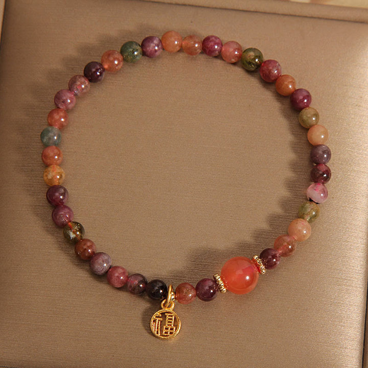 Buddha Stones Natural Colorful Tourmaline Fu Character Love Bracelet