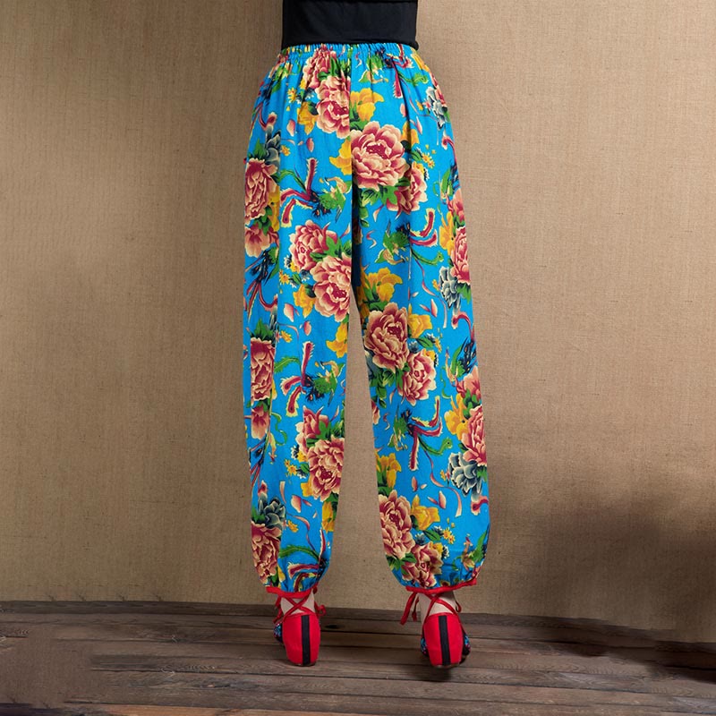 Buddha Stones Ethnic Style Red Green Flowers Print Harem Pants With Pockets