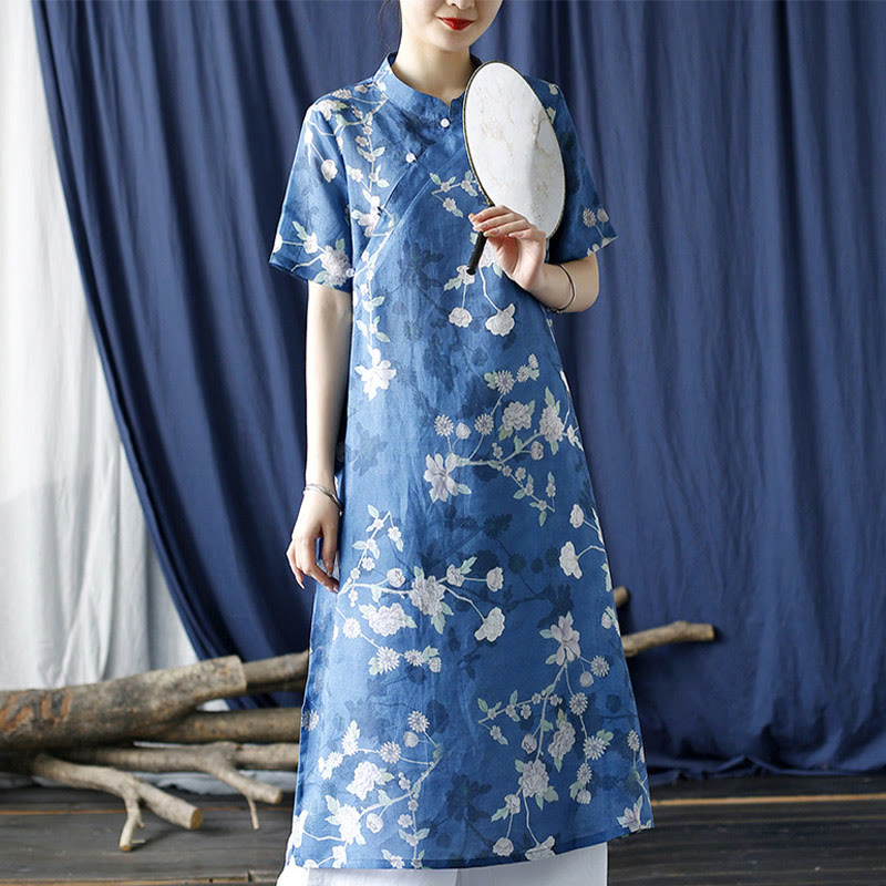 Buddha Stones Ramie Linen Blue White Flowers Branches Cheongsam Dresses Short Sleeve Dress