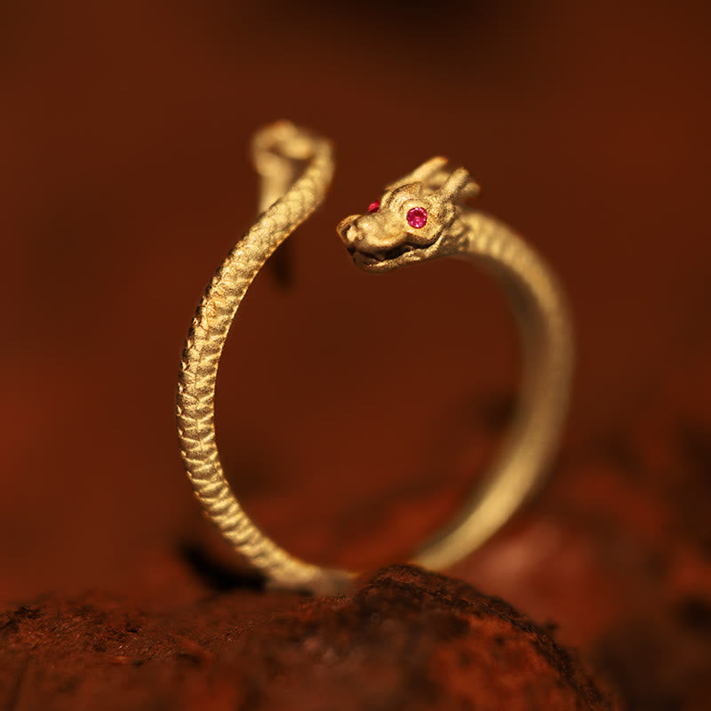 Buddha Stones 925 Sterling Silver Vintage Year of the Dragon Luck Protection Strength Adjustable Ring - 925 Sterling Silver-Gold(Adjustable) - image 0