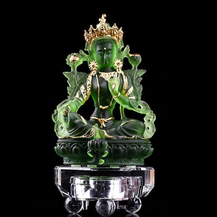 Bodhisattva Green Tara Handmade Liuli Crystal Art Piece Protection Home Office Statue Decoration