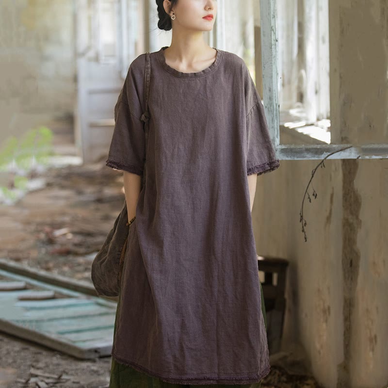 Buddha Stones Mid Length Dress Ramie Linen Half Sleeve Split Hem Top T-Shirt