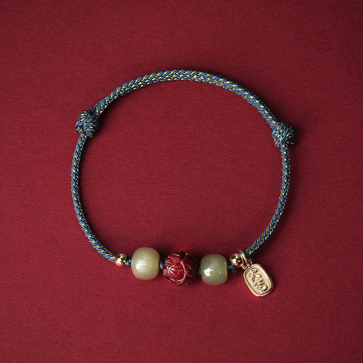 Buddha Stones 14K Gold Plated Hetian Jade Cinnabar Lotus Luck Handcrafted Rope Bracelet - Blue Rope(Wrist Circumference 13-18cm) - image 7