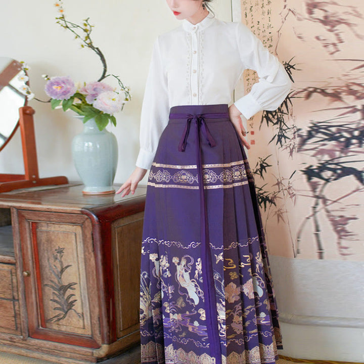 Buddha Stones Long Sleeve Shirt Top Chinese Hanfu Flying Fairy Horse Face Skirt Purple Mamianqun