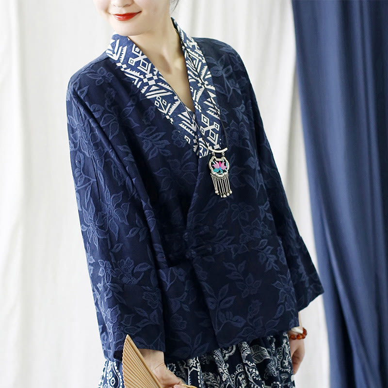 Buddha Stones Flower Jacquard V-Neck Long Sleeve Jacket