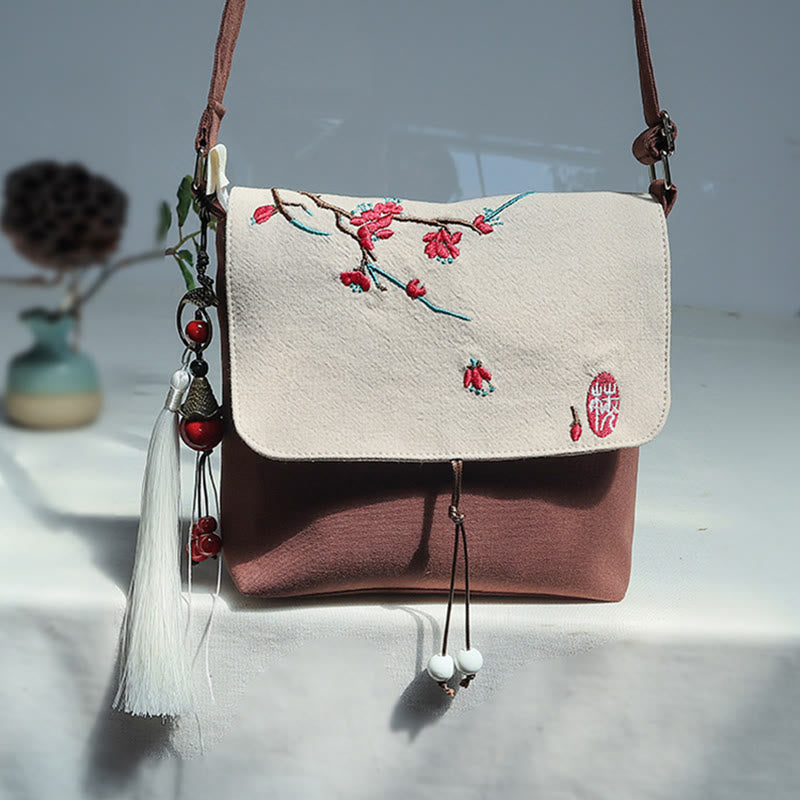 Buddha Stones Handmade Embroidered Plum Flowers Canvas Crossbody Bag Shoulder Bag Handbag