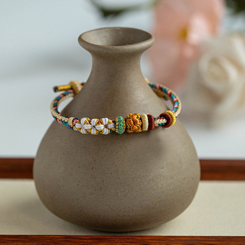 Buddha Stones Handmade Dunhuang Color Peach Blossom Pattern Braid String Bracelet