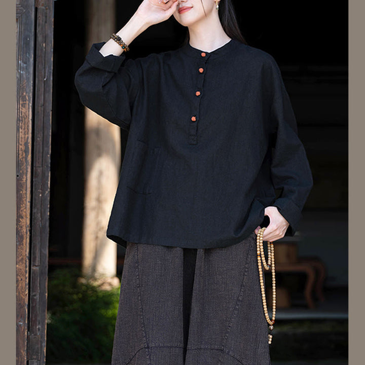 Buddha Stones Solid Color Loose Button Blouse Long Sleeve Shirt Top