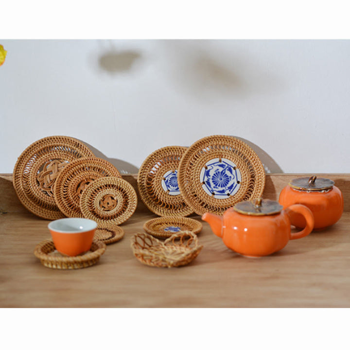 Ceramic Flower Pattern Rattan Cup Mat Tea Cup Coaster - image 21