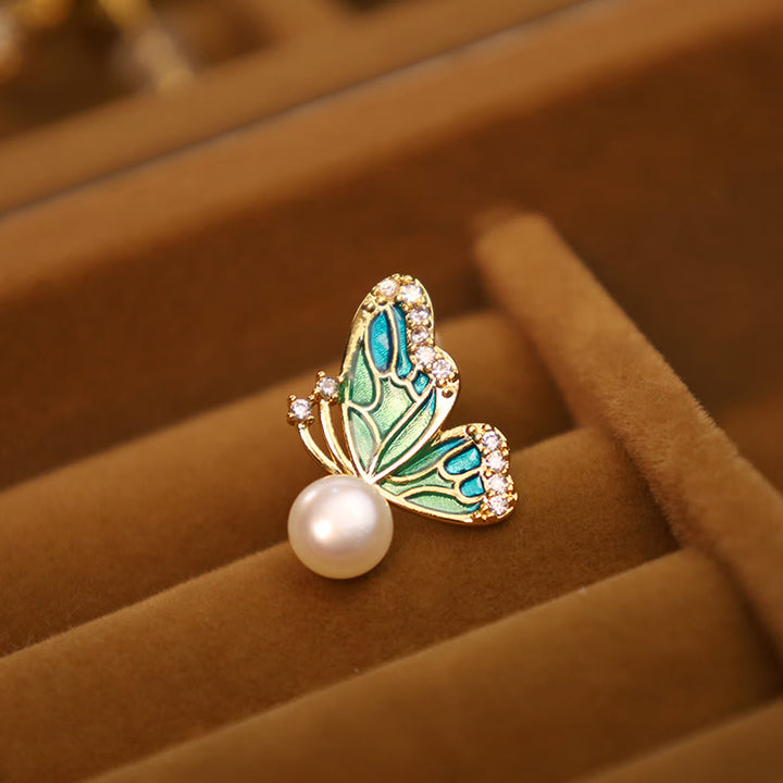 Buddha Stones 925 Sterling Silver Posts 18K Gold Plated Copper Natural Pearl Butterfly Healing Stud Earrings