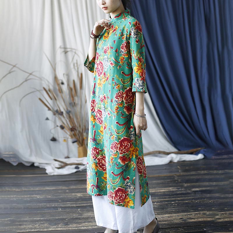 Buddha Stones Red Blue Peony Midi Dress Half Sleeve Cotton Linen Dress Wide Leg Pants With Pockets