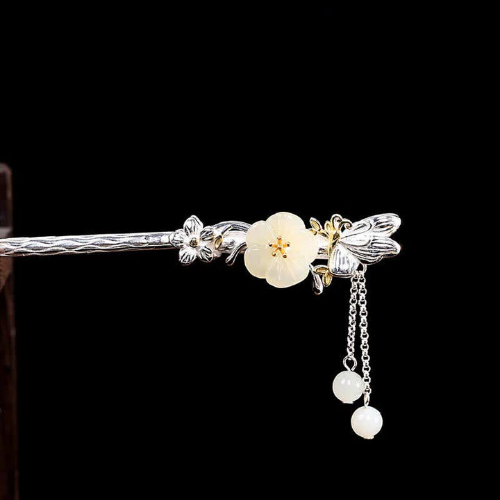 925 Sterling Silver Hetian White Jade Flower Blessing Hairpin - image 6