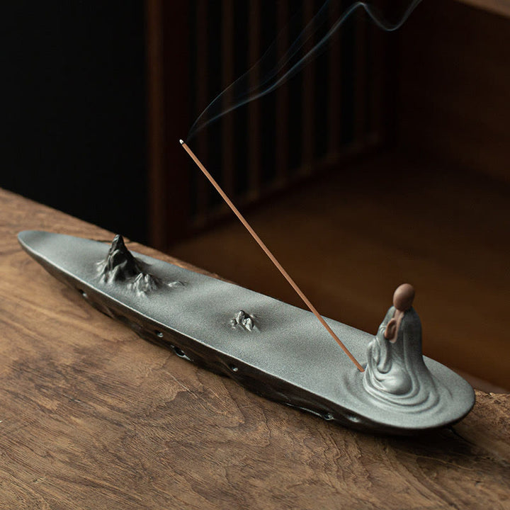 Buddha Monk Ceramic Sea Wave Mountain Blessing Incense Burner Decoration - Gray 32*6.6*8cm - image 17