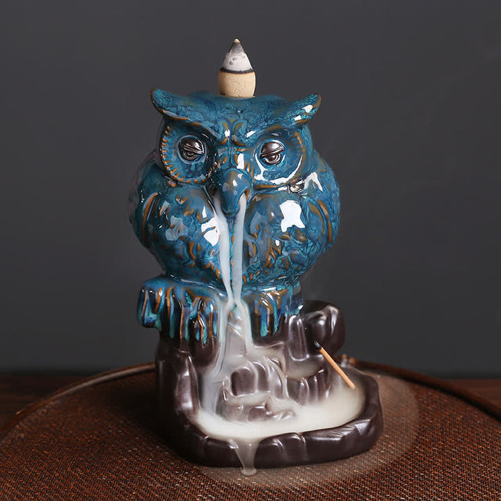 Cute Owl Ceramic Backflow Smoke Fountain Meditation Healing Incense Burner Decoration - image 1