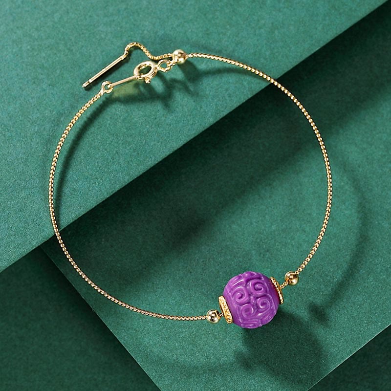 Buddha Stones 925 Sterling Silver Plated Gold Natural Purple Mica Stone Relief Bead Positive Necklace Pendant Bracelet Set