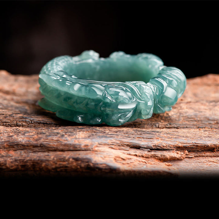 Buddha Stones Natural Jade Dragon Success Ring