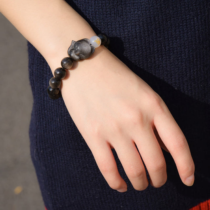 Buddha Stones Natural Rainbow Obsidian Gold Sheen Obsidian Silver Sheen Obsidian Fox Healing Bracelet