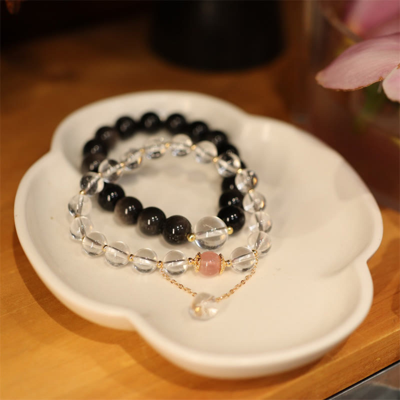 Natural Silver Sheen Obsidian Pink Crystal White Crystal Protection Yin Yang Color Couple Bracelet - image 1