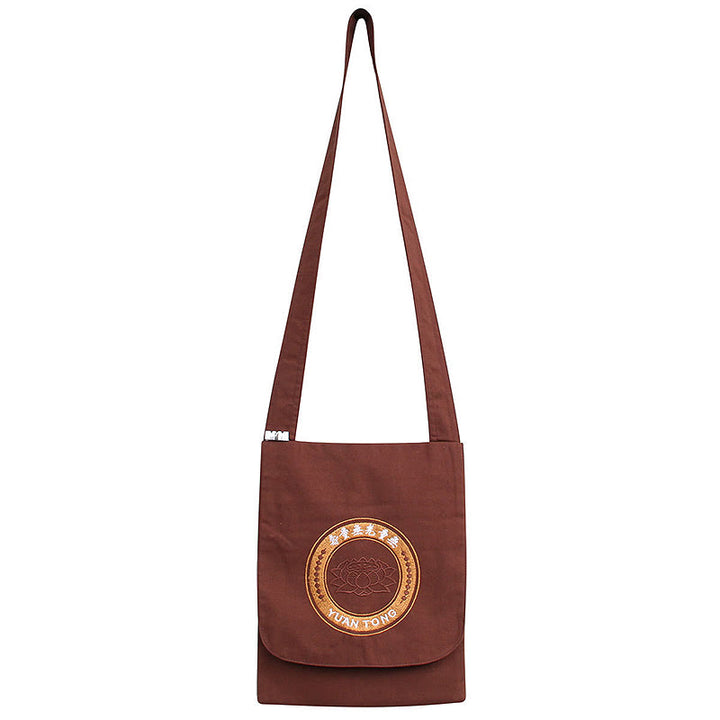 Lotus Embroidered Spiritual Mind Practice Cotton Shoulder Bag Crossbody Bag - Brown Lotus Spiritual Practice Shoulder Bag - image 3