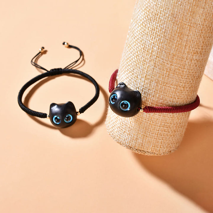 Buddha Stones Ebony Wood Cat Head Pattern Peace King Kong Knot Braided Bracelet - image 22