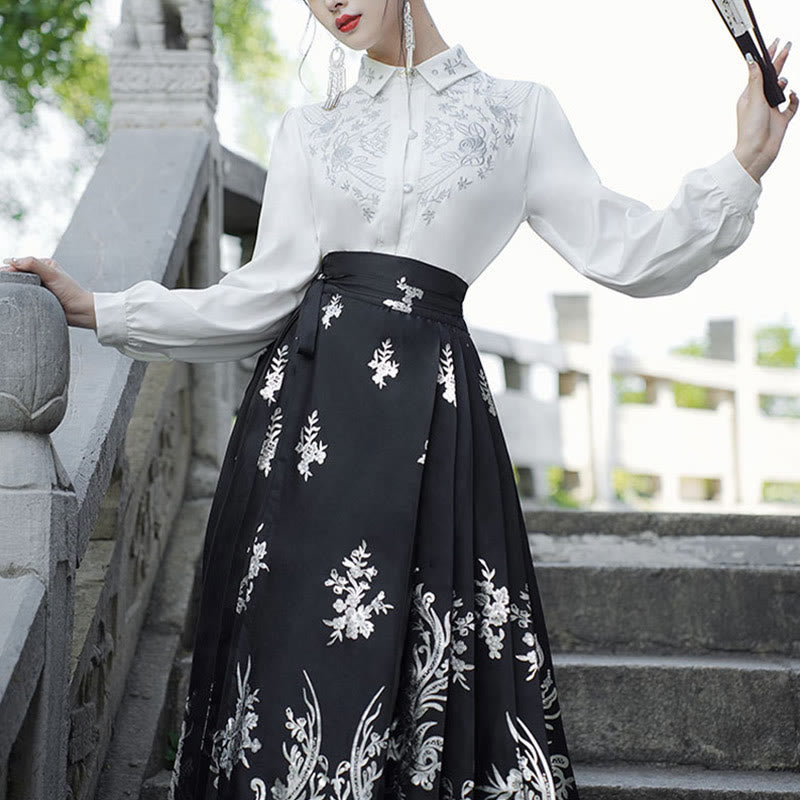 Buddha Stones Flowers Leaves Feathers Long Sleeve Shirt Top Chinese Hanfu Ming Dynasty Horse Face Skirt Mamianqun Skirt