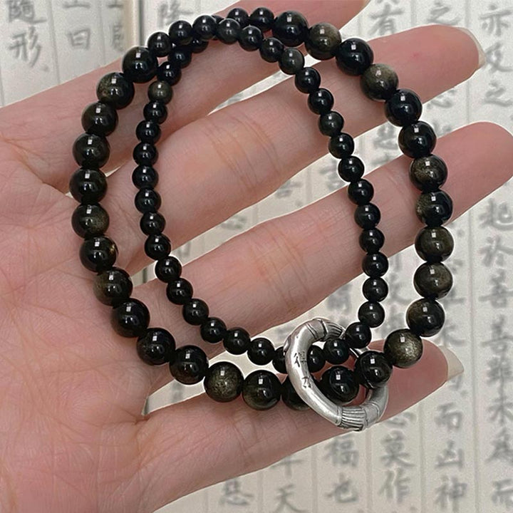 Buddha Stones 999 Sterling Silver Black Obsidian Fulfillment Strength Double Layer Bracelet