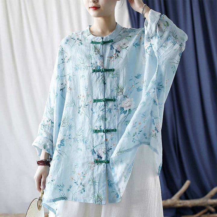 Buddha Stones Light Green Pink Flowers Green Leaves Frog-Button Long Sleeve Ramie Linen Jacket Shirt