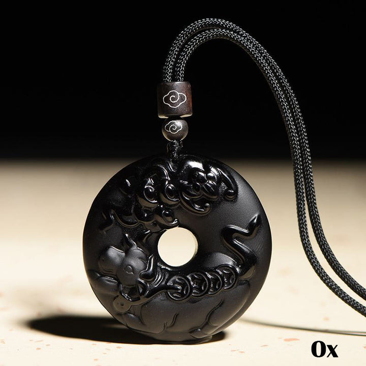 Buddha Stones Chinese Zodiac Natural Black Obsidian Peace Buckle Strength Necklace Pendant - Ox - image 14