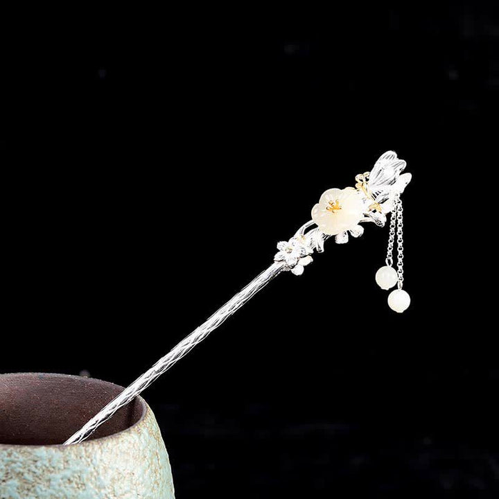925 Sterling Silver Hetian White Jade Flower Blessing Hairpin - image 17