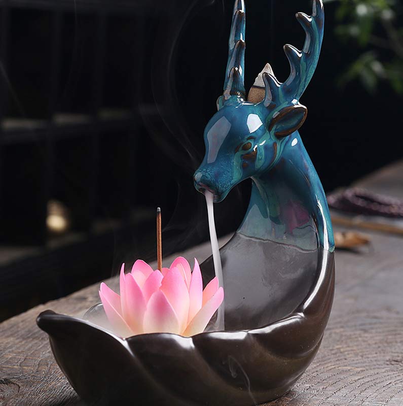 Buddha Stones Little Deer Ceramic Lotus Meditation Incense Burner Decoration - image 3
