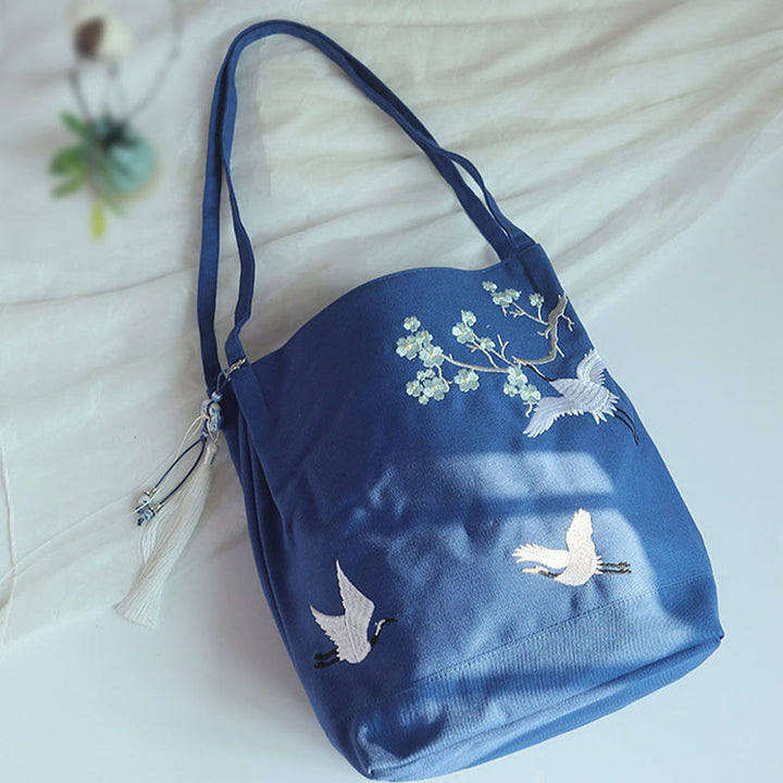 Flower Crane Plum Blossom Embroidery Canvas Large Capacity Shoulder Bag Tote Bag