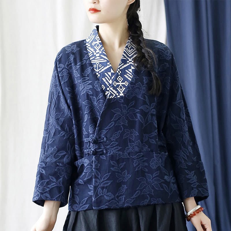 Buddha Stones Flower Jacquard V-Neck Long Sleeve Jacket