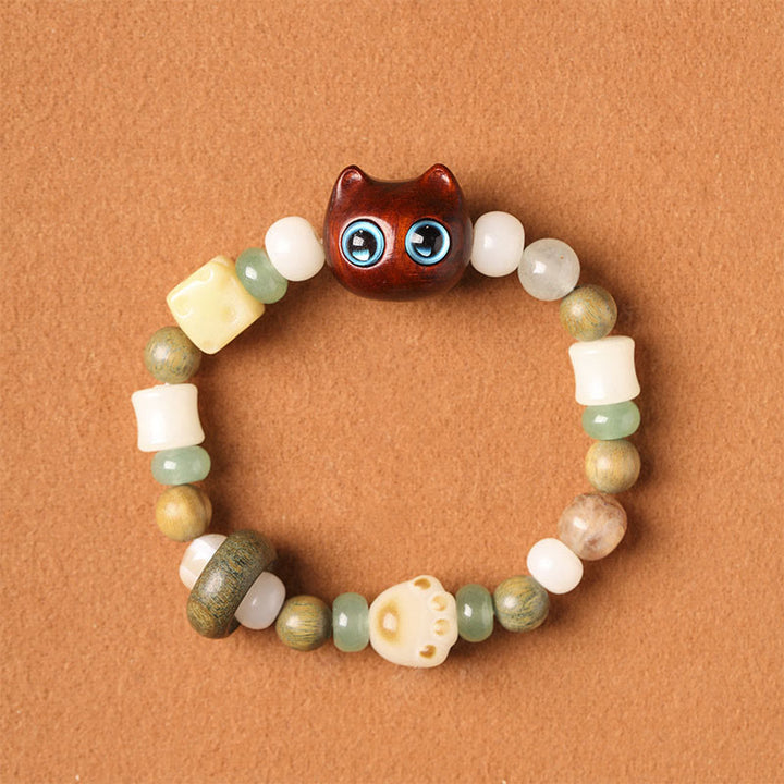 Buddha Stones Bodhi Seed Green Sandalwood Ebony Wood Small Leaf Red Sandalwood Cat Head Paw Claw Peace Bracelet - Small Leaf Red Sandalwood Cat (Blue Eyes)(Wrist Circumference 14-16cm) - image 10