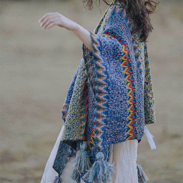 Buddha Stones Tibetan Shawl Soft Warm Knitting Cloak Winter Tibetan Tassel Scarf - image 2