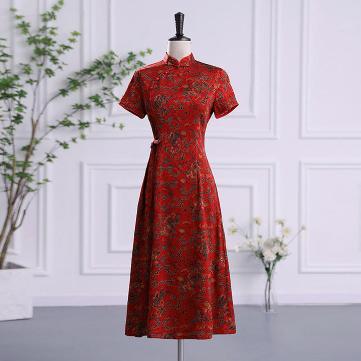 Buddha Stones Vintage Auspicious Clouds Leaf Print Cheongsam Dress Women's Qipao Dress