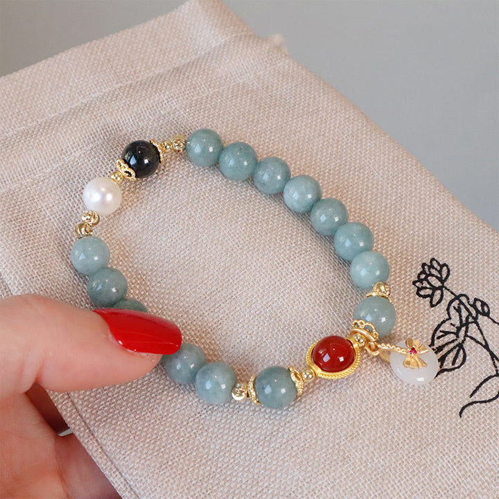 Buddha Stones Natural Jade Red Agate Pearl Bow Tie Luck Bracelet