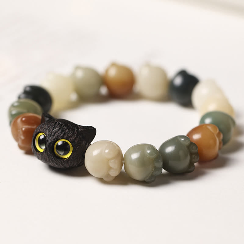 Buddha Stones Natural Bodhi Seed Lovely Paw Ebony Wood Lucky Cat Wisdom Bracelet - image 2