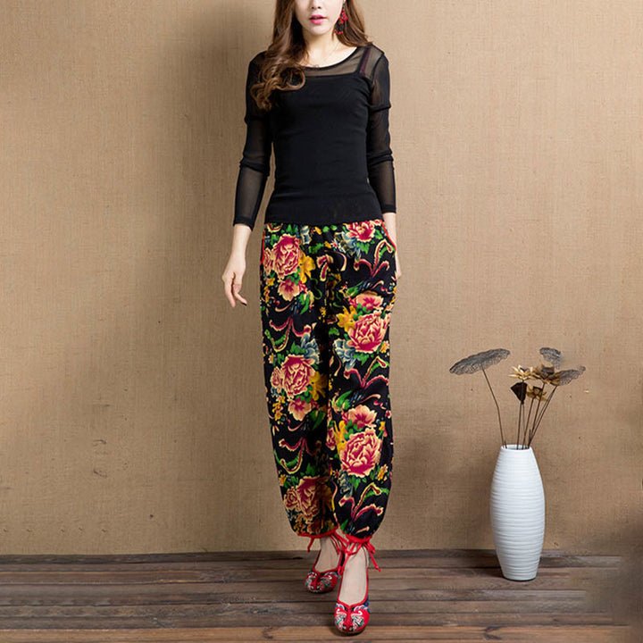 Buddha Stones Ethnic Style Red Green Flowers Print Harem Pants With Pockets