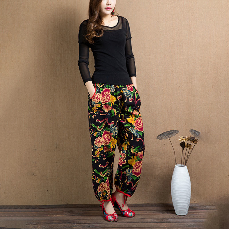 Buddha Stones Ethnic Style Red Green Flowers Print Harem Pants With Pockets