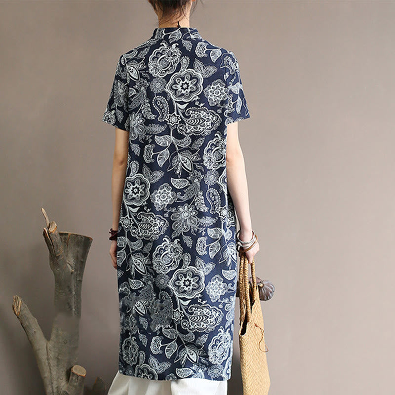 Buddha Stones Blue White Flower Frog-button Cheongsam Dresses Short Sleeve Linen Dresses With Pockets