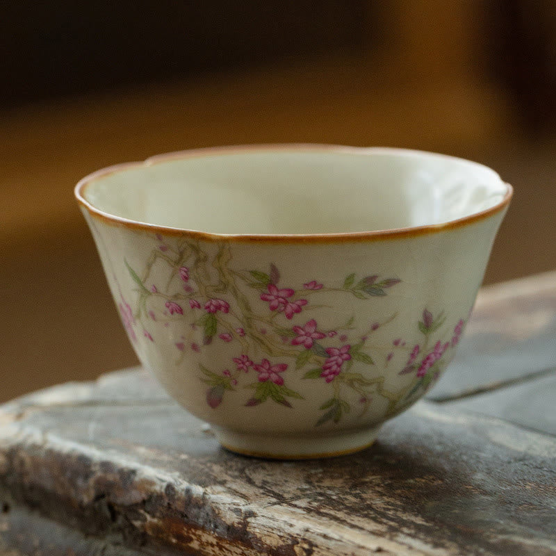 Buddha Stones Peach Blossom Daisy Flower Ceramic Teacup Kung Fu Tea Cups - Peach Blossom 6.6cm*3.7cm*50ml - image 0
