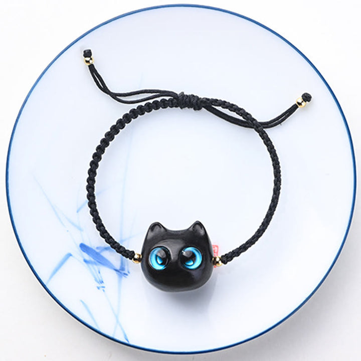 Buddha Stones Small Leaf Red Sandalwood Ebony Wood Cute Cat Head Calm Protection Braided Bracelet - image 12