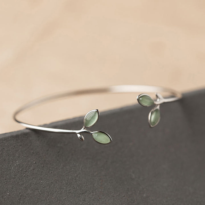 Buddha Stones Leaf Pattern Cat Eye Support Cuff Bracelet Bangle - image 7