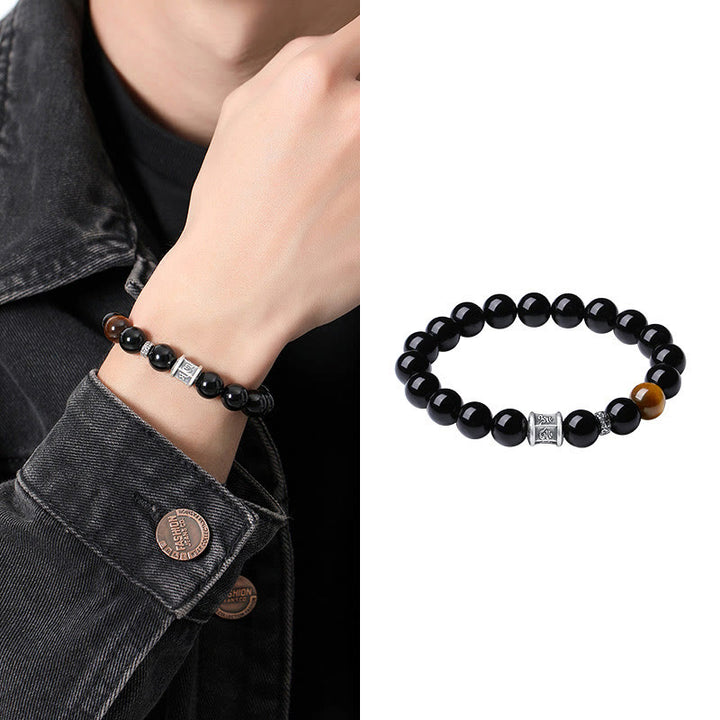 Buddha Stones 999 Sterling Silver Black Obsidian Tiger Eye Om Mani Padme Hum Fulfillment Bracelet - image 8